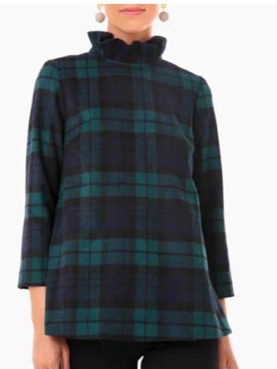 Tuckernuck Tops - Tuckernuck Black and Green Plaid Ruffle Mock-Neck Tunic